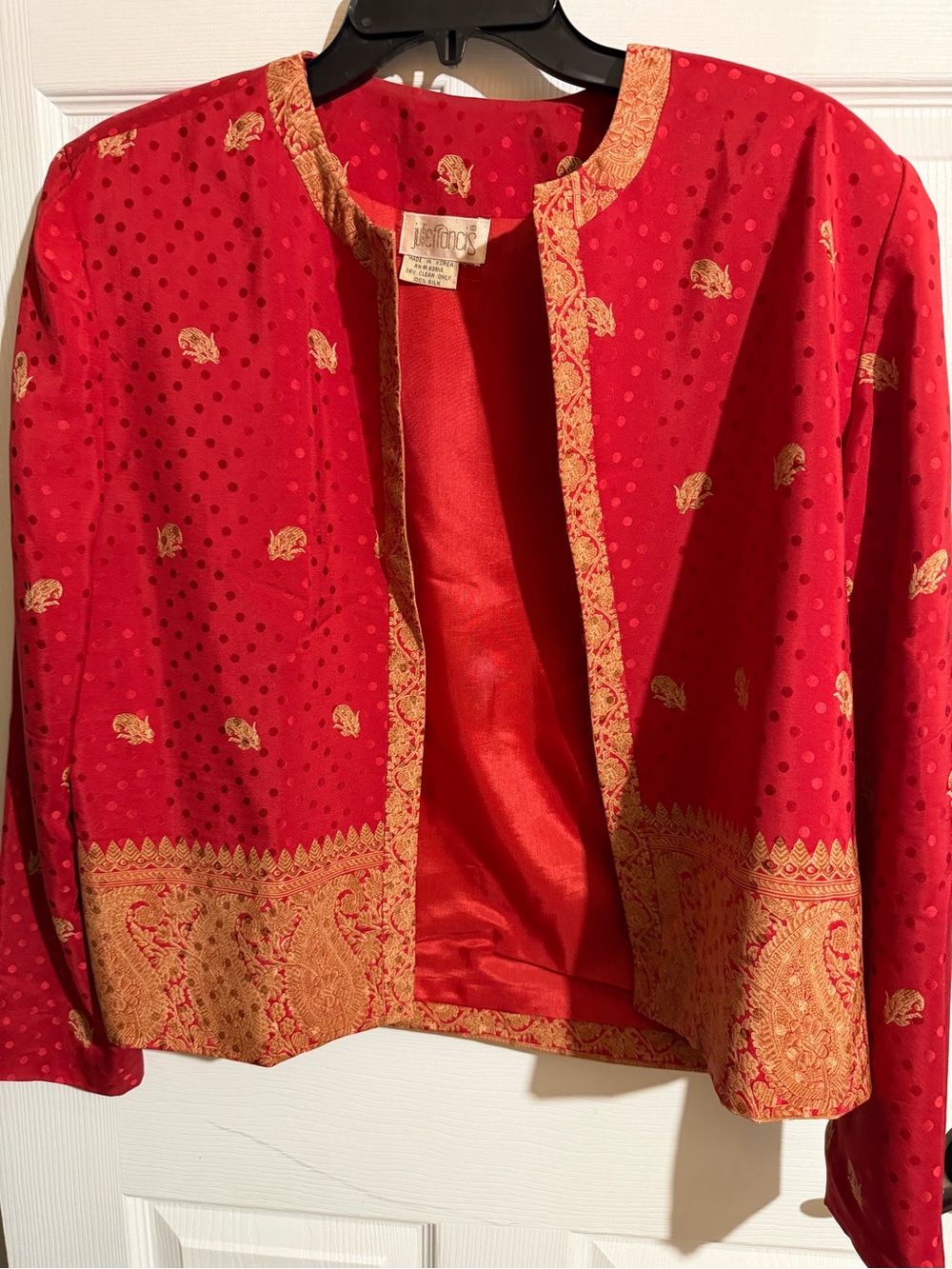 Jessica Red Open-Front Embroidered Jacket with Gold Trim SZ S 100% Silk Party